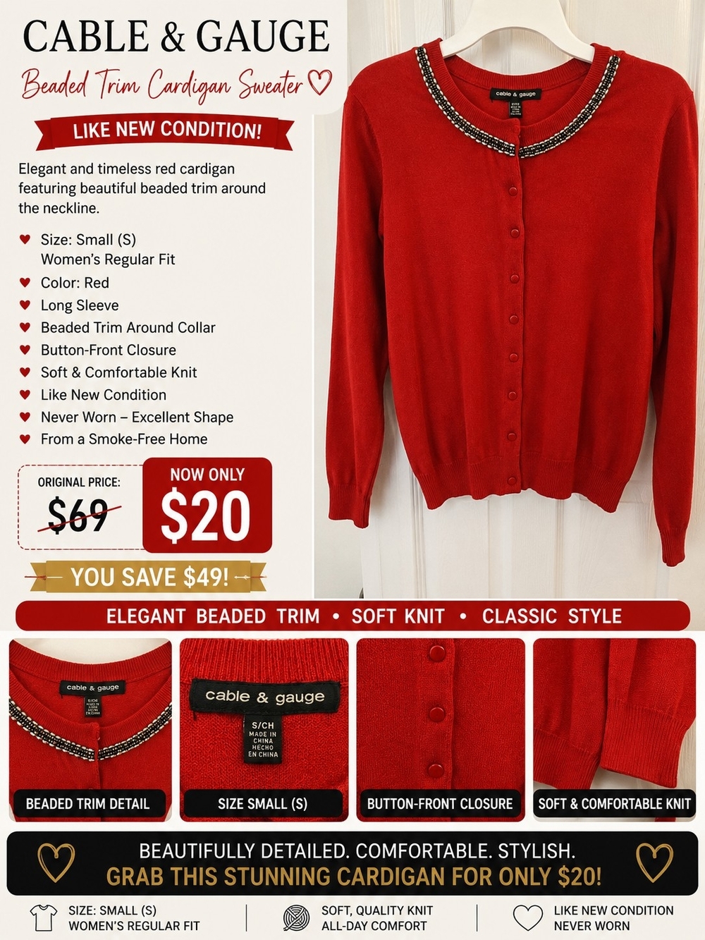 Cable & Gauge Red Beaded-Trim Button-Front Cardigan